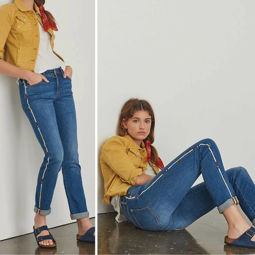 Anthropologie Pilcro Slim Boyfriend Crop Jeans Embroidered Side Stripe